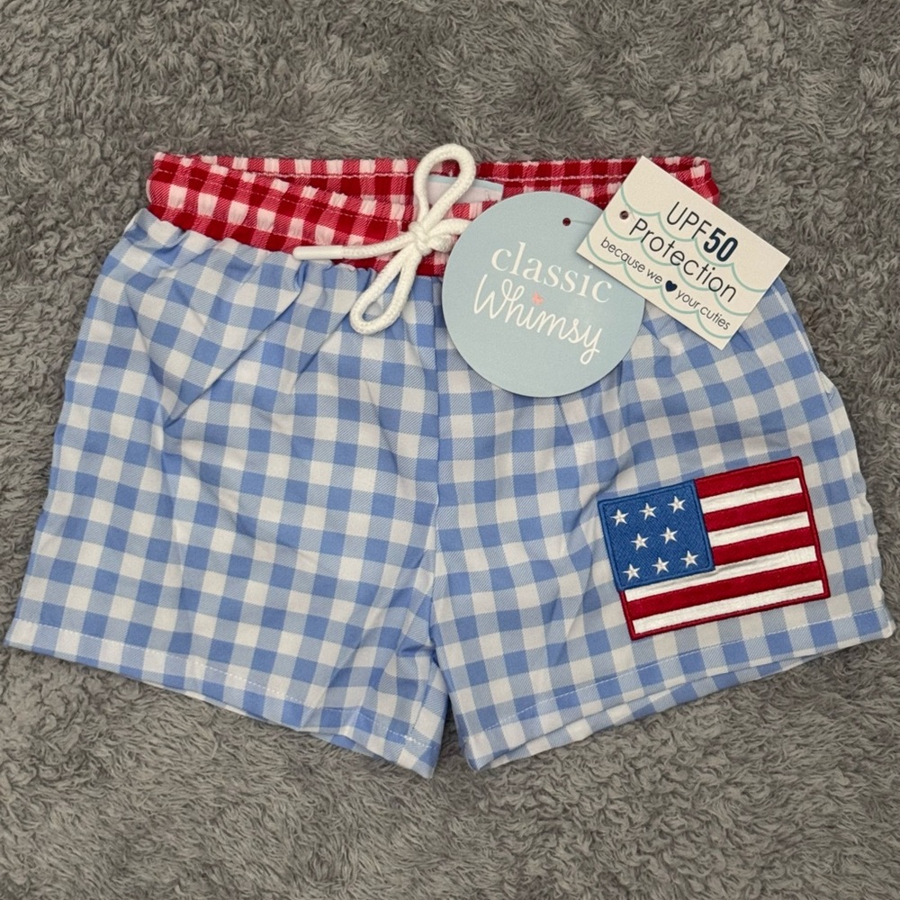 Classic Whimsy Boy's Size 5 Americana Swim Trunks - Red, White & Blue Gingham